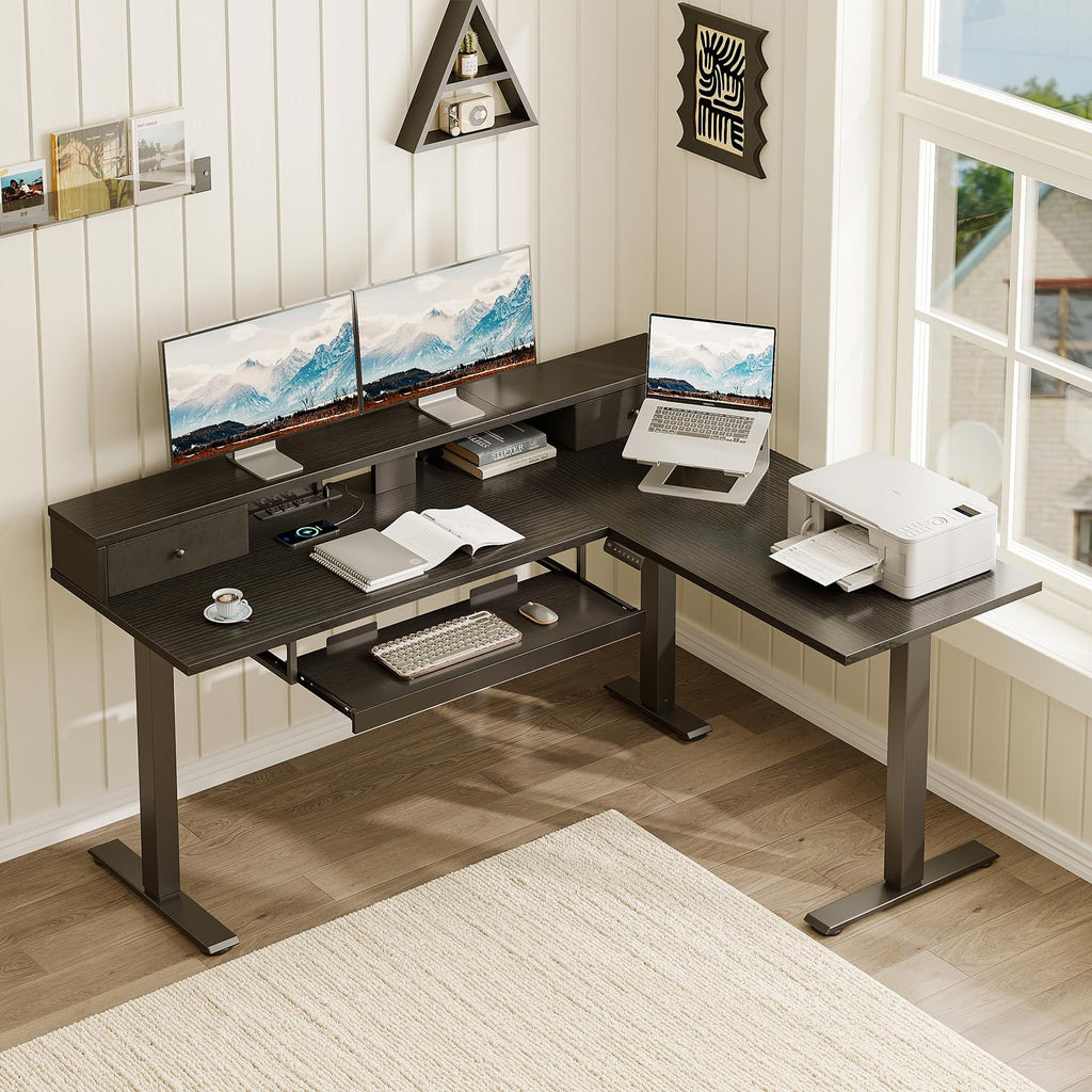59" L Shaped Electric Standing Desk with Drawers, Black