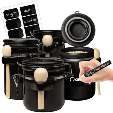 4-Piece Ceramic Kitchen Canisters Set, Airtight Containers with Wooden Spoons Reusable Chalk Labels and Marker for
