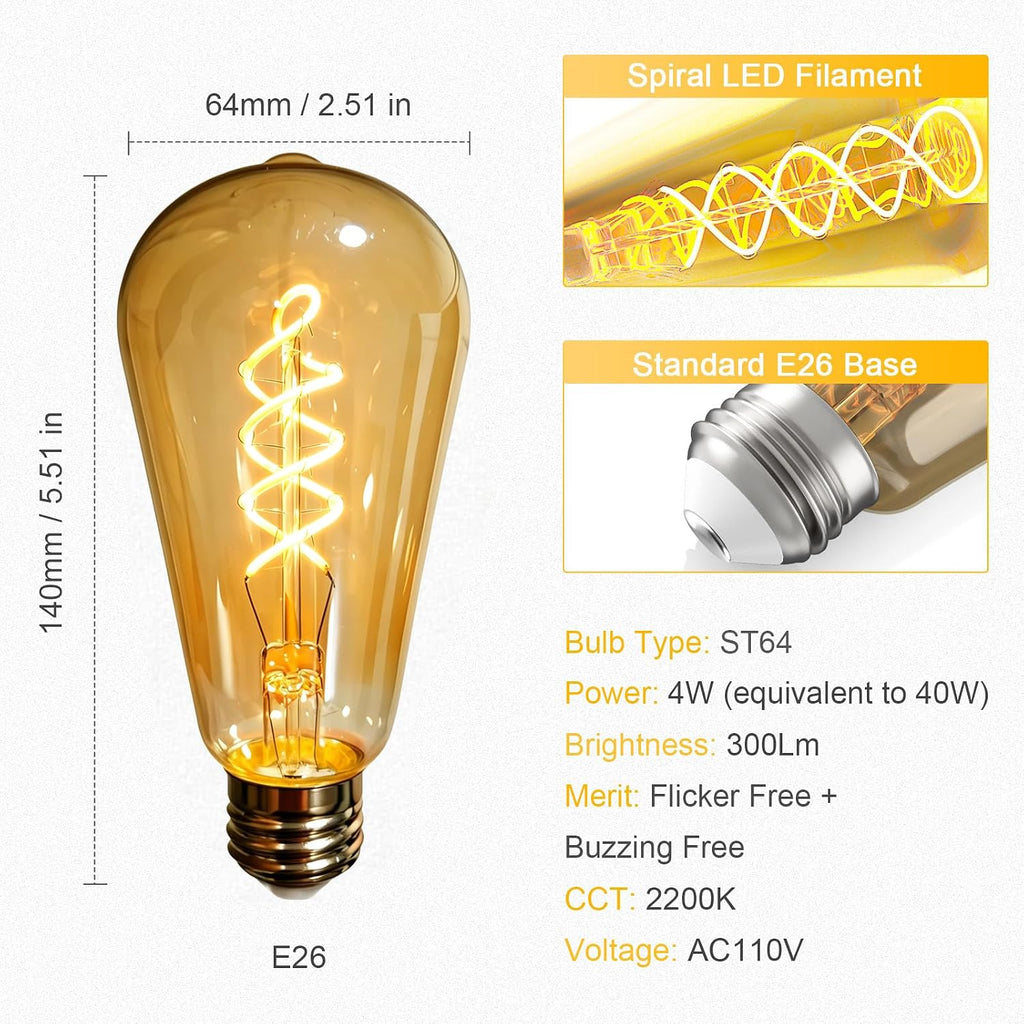ST64 4W=40w Dimmable Vintage Edison Light Bulbs Amber Glass 2200K(4PCS)