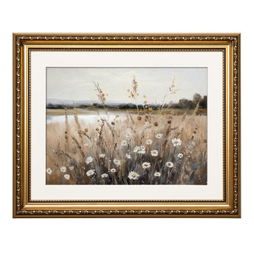 Gold Framed Canvas Wall Art, Wildflower Autumn Field Art Prints, Rustic Fall Landscape Decor Bedroom Fireplace