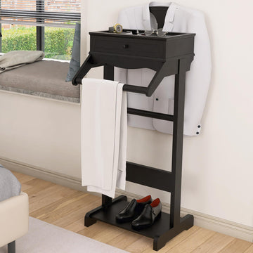 Suit Valet Stand for Men, Wooden Clothes Rack with Drawer & Coat Hanger