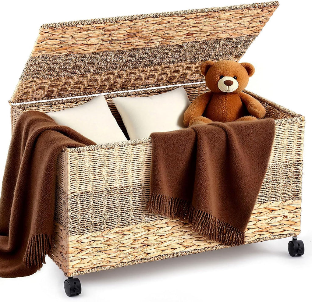 42.3 Gallon(160L) 30×17.7×18 in Wicker Storage Trunk with Wheels & Lid Heavy Duty Rolling Storage Bench Large Toy