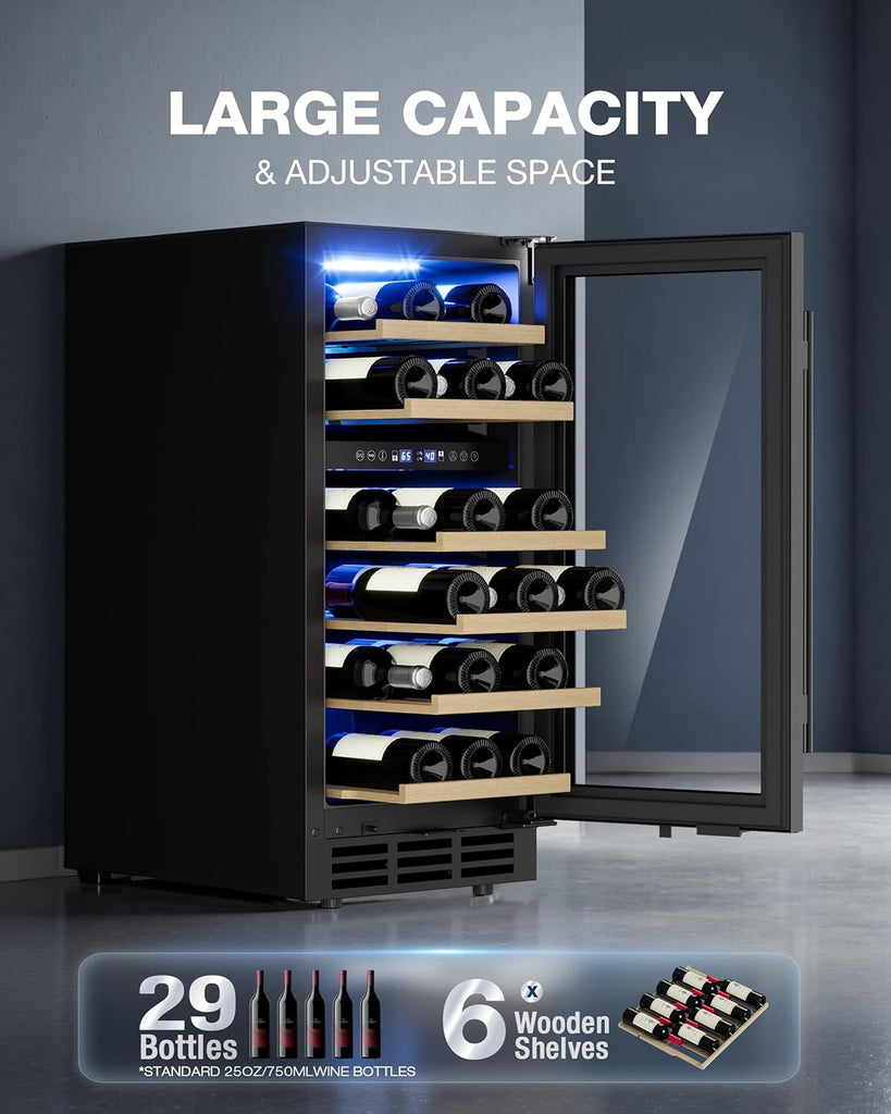15 Inch Under Counter Refrigerator, 29 Bottle Dual Zone Wine Fridge for Built-In