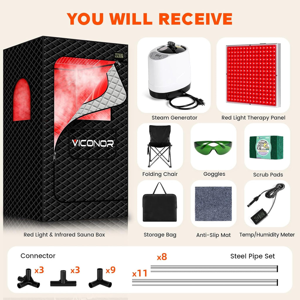 Viconor Red Light Sauna, Portable Steam Infrared Sauna with 660nm & 850nm Red Light Therapy for Home