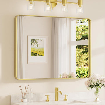 40 x 30 Inch Gold Bathroom Mirror, Brushed Brass Metal Frame Mirror for Vanity, Rectangle Wall Mounted Golden Modern