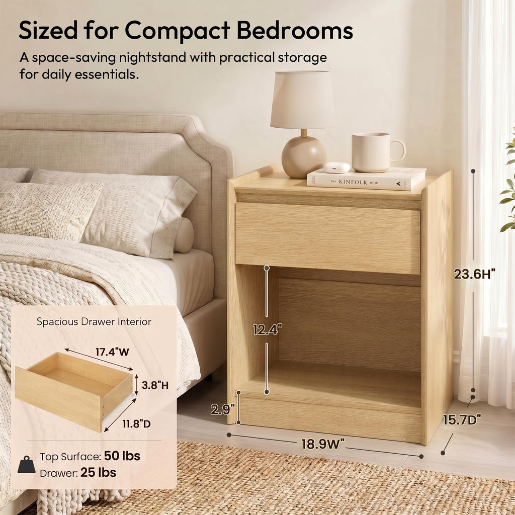 Natural Oak 24"H Nightstand, Drawer & Open Shelf Bedside Table