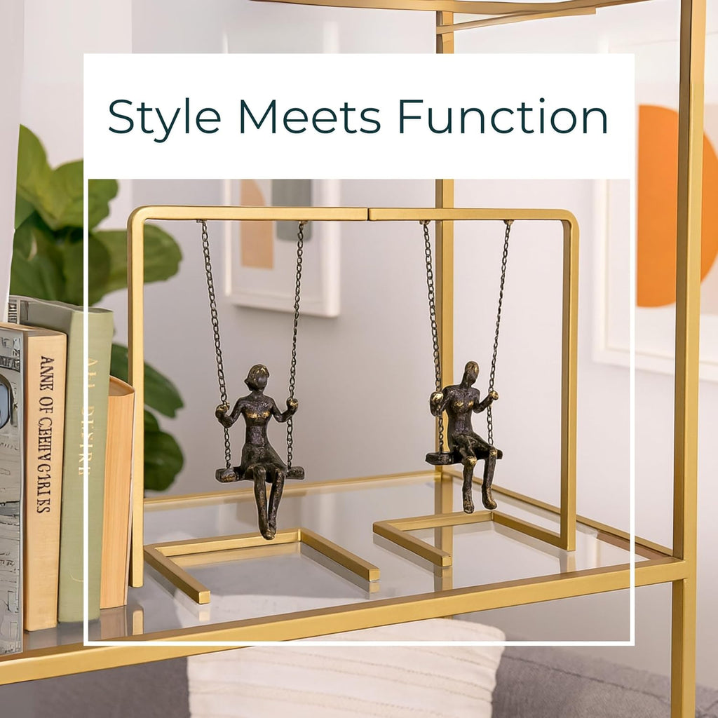 Set of 2 Swinging People Decorative Bookends - Modern Shelf Decor Accents with Gold Metallic Frame - Stylish and
