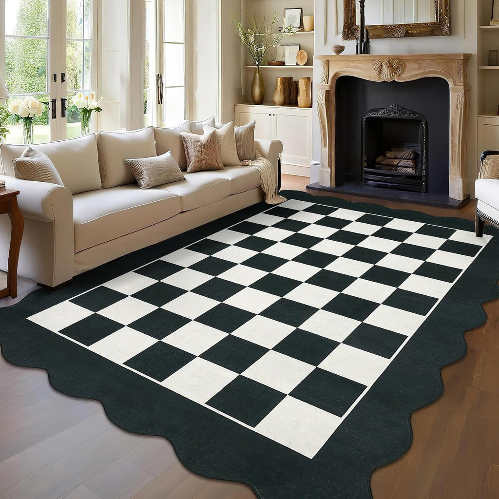 Large Area Rug Washable Living Room Rug Scalloped Neutral Area Rugs Dining Room Modern Checkerboard Carpet Stain