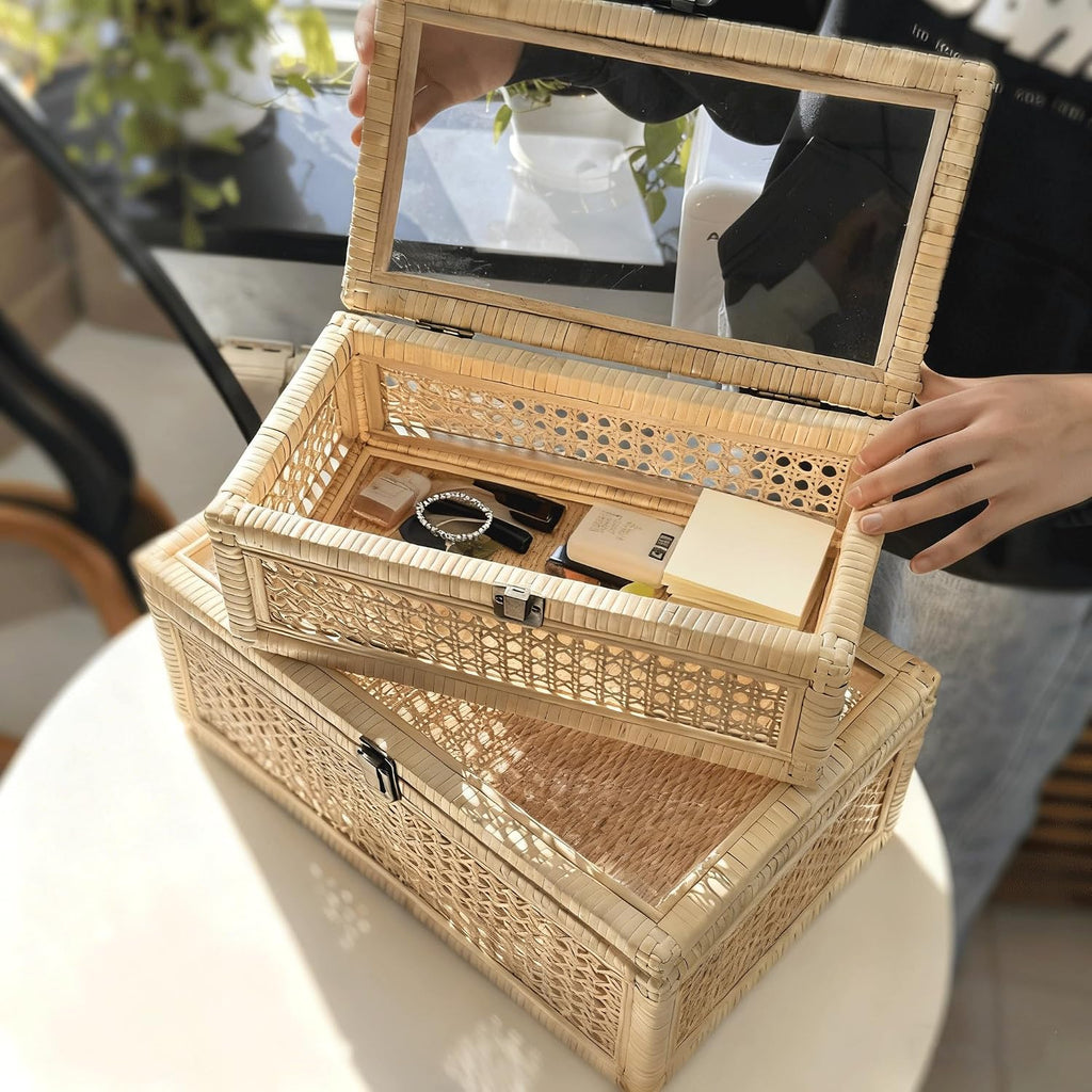 Decorative Box,Rattan Display Boxes with Lids-Rectangular Decorative Storage Box Set,Natural Woven Storage - Set of 3