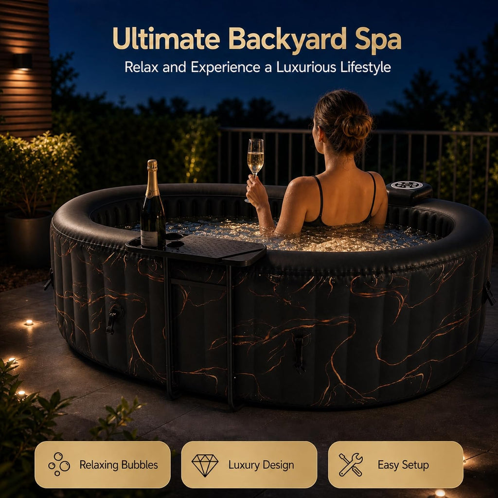 2 Person Inflatable Hot Tub with LED Lights & Table Tray | Marble Design, Full Body Massage, Adjustable Temperature