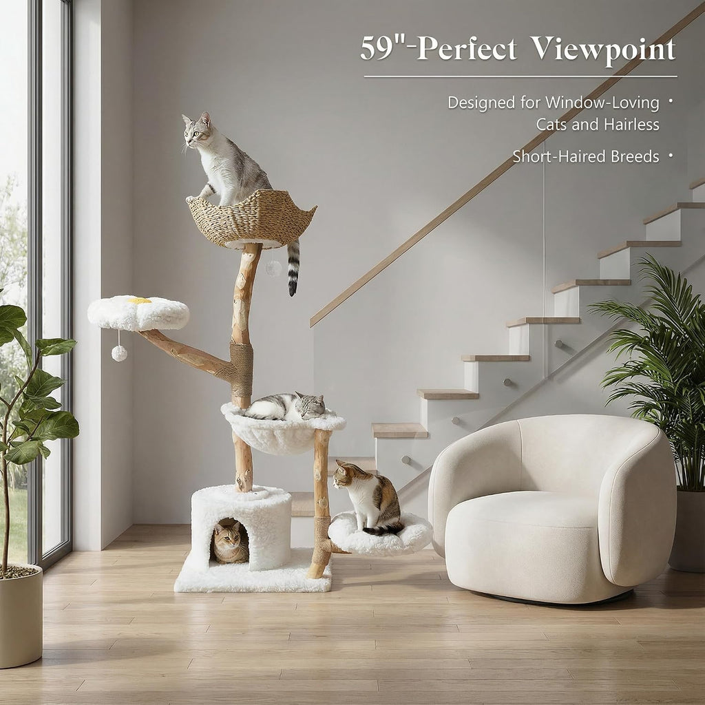 59" Modern Wood Cat Tree for Large Cats, Boho Style, Cloud White
