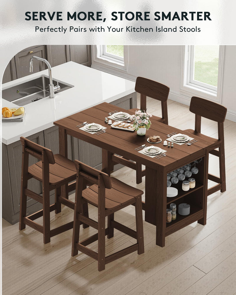 Outdoor HDPE Counter-Height Bar Table with Storage Rack, Brown