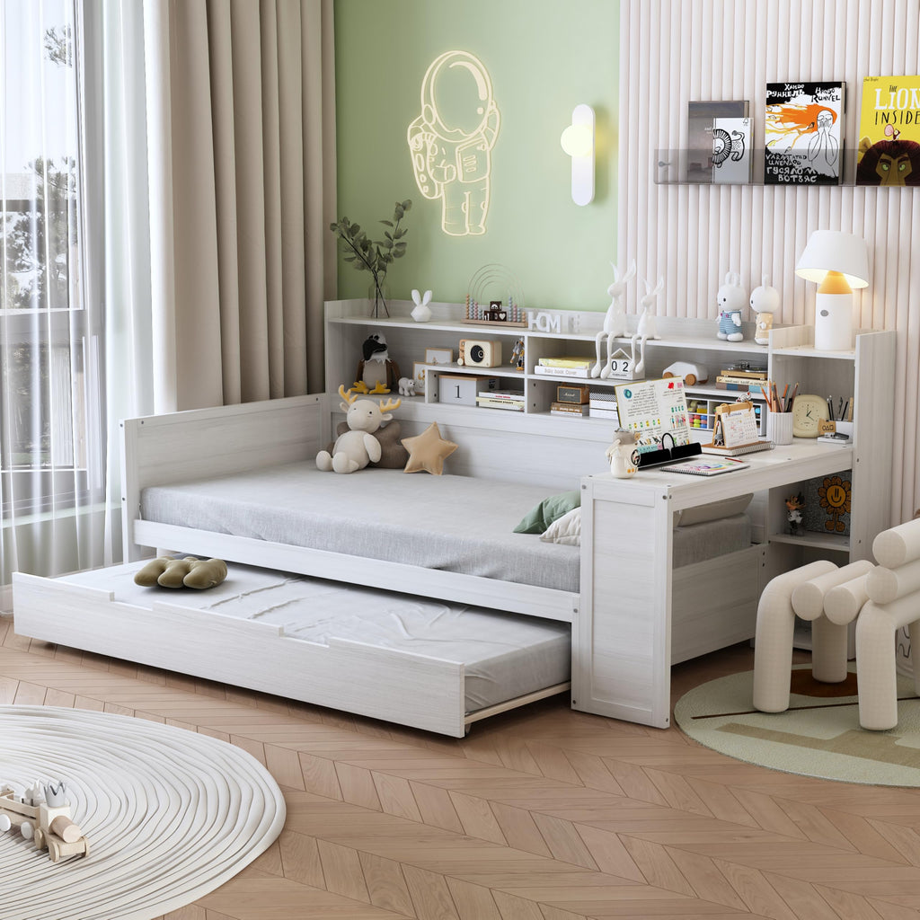 Twin Size Daybed with Trundle, Wooden Multi-Functional Bed with Storage Shelves and Study Desk, White