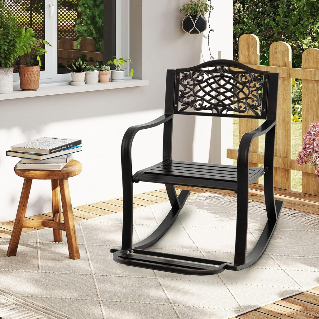 Patio Rocking Chair, Outdoor Cast Aluminum Rocker w/Footrest, Backrest & Curved Armrests, Heavy-Duty Metal Classic