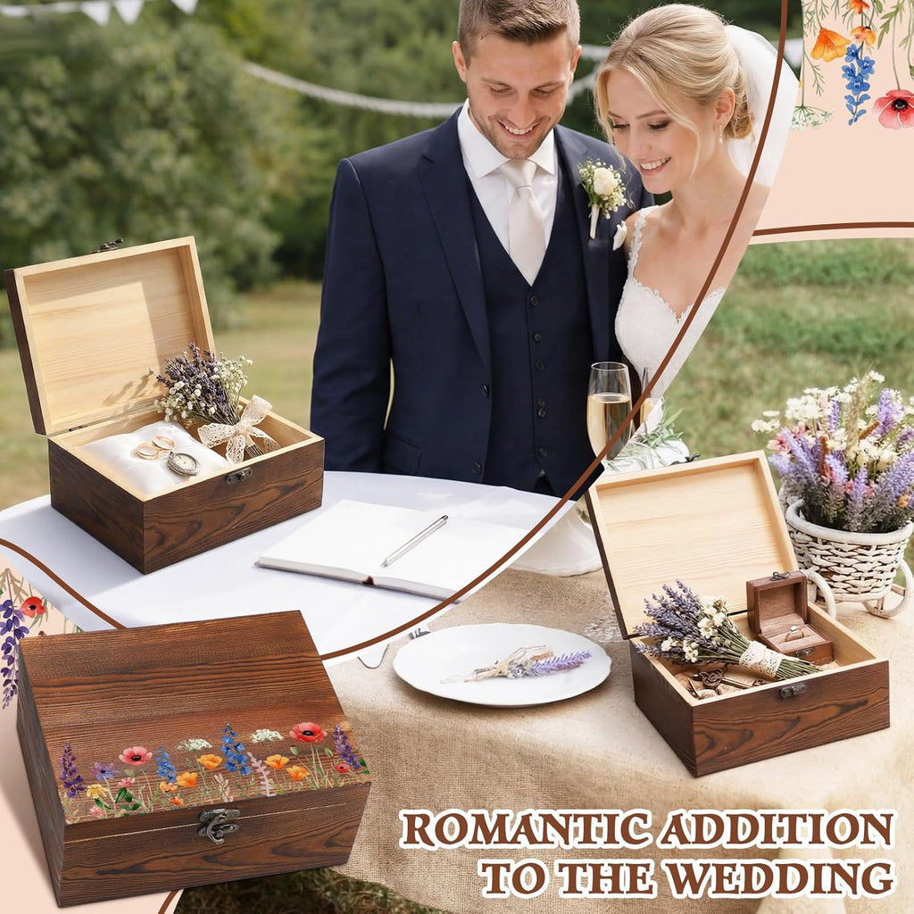Wedding Wooden Keepsake Box, Flower, Brown, 11.02 x 8.86 x 4.92 Inches