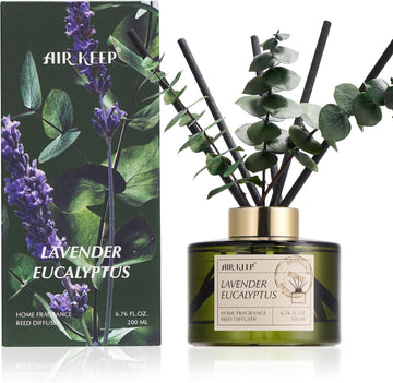 Reed Diffuser Set with 6.76 fl oz Lavender Eucalyptus Scent Essential Oils and 3 Leaves & 8 Diffuser Sticks,Bathroom
