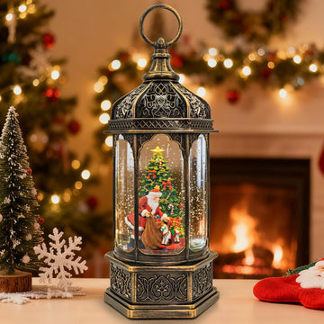 Christmas Snow Globe Lantern, Santa Claus Gift Piles Light Up Musical Snow Globes with 6H Timer, 3 AA Battery & USB