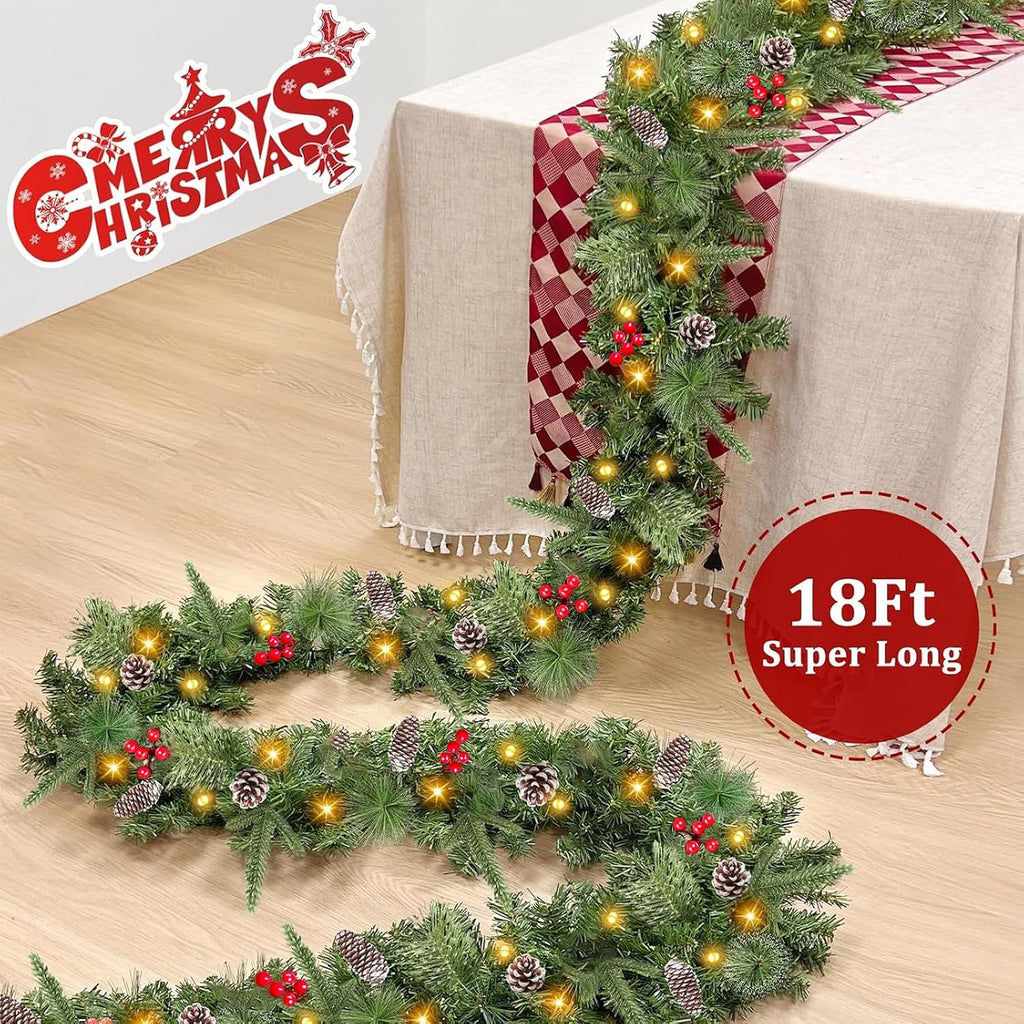 Super Long 18 Ft Prelit Christmas Garland with Lights for Outdoor Indoor