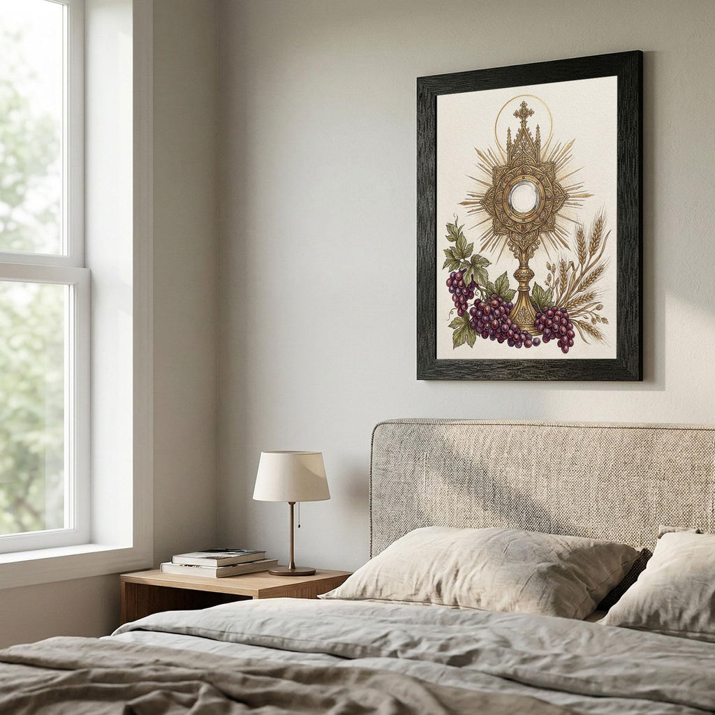 Framed Religious Wall Art - Sacred Monstrance and Eucharist with Grapes and Wheat - Devotional Catholic Decor in