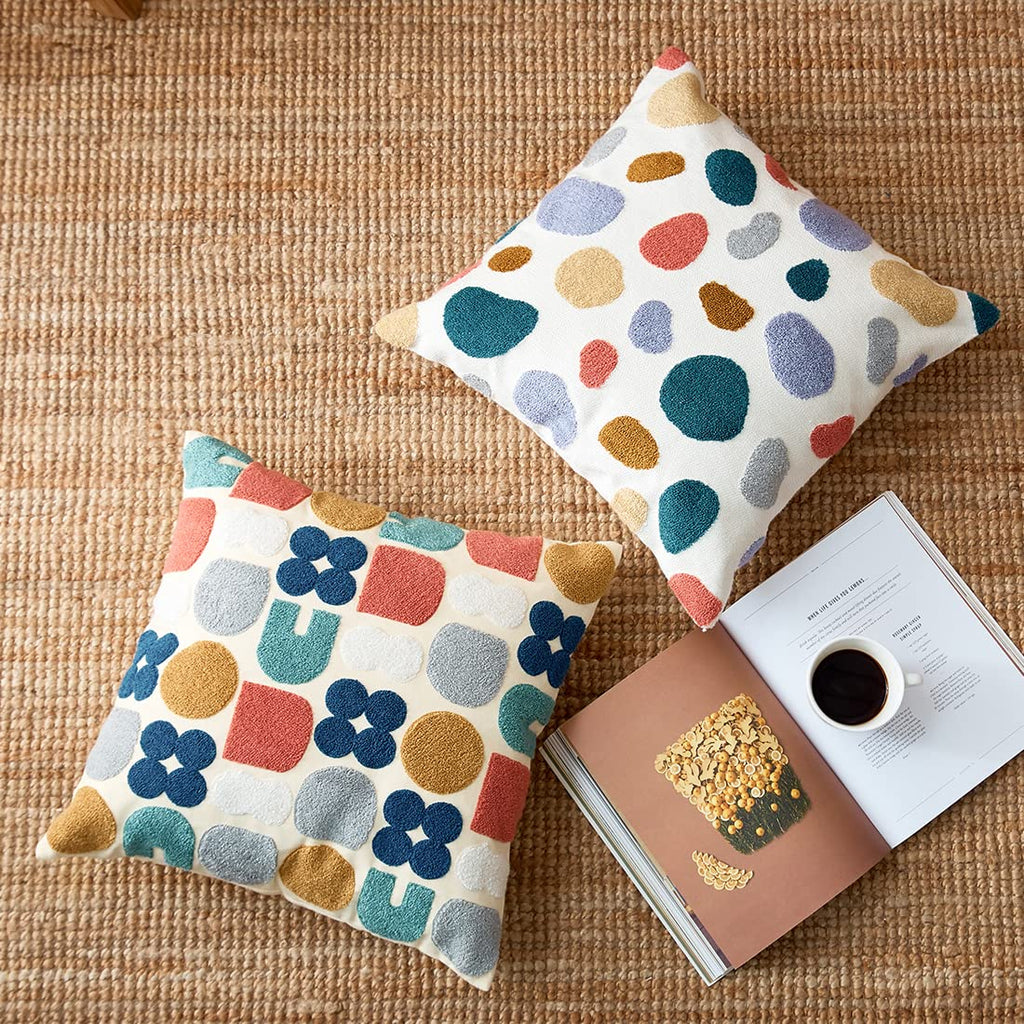 Boho Geometric Tufted Decorative Throw Pillow Cover Farmhouse Cotton Embroidery Accent Square Cushion Case for Couch
