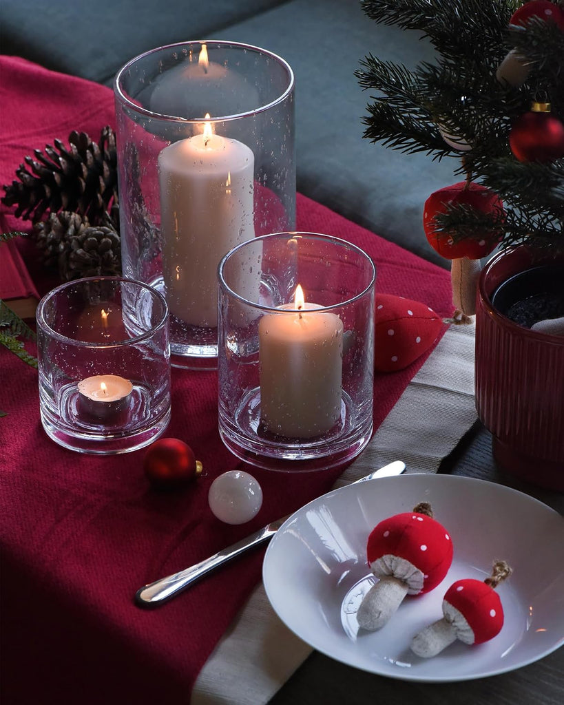 Glass Candle Holders Set, 3 Sizes 8" 5" 3.5" Height | Hurricane Vase Centerpieces, Clear Seeded Bubbles Cylinder For