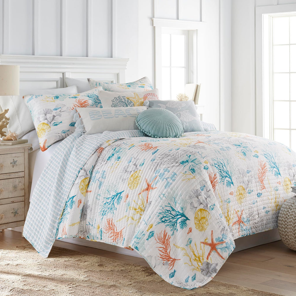 Whimsical Sea Quilt Set - Quilt and Two Standard Shams - Coastal - Blue Teal Yellow Orange Grey White