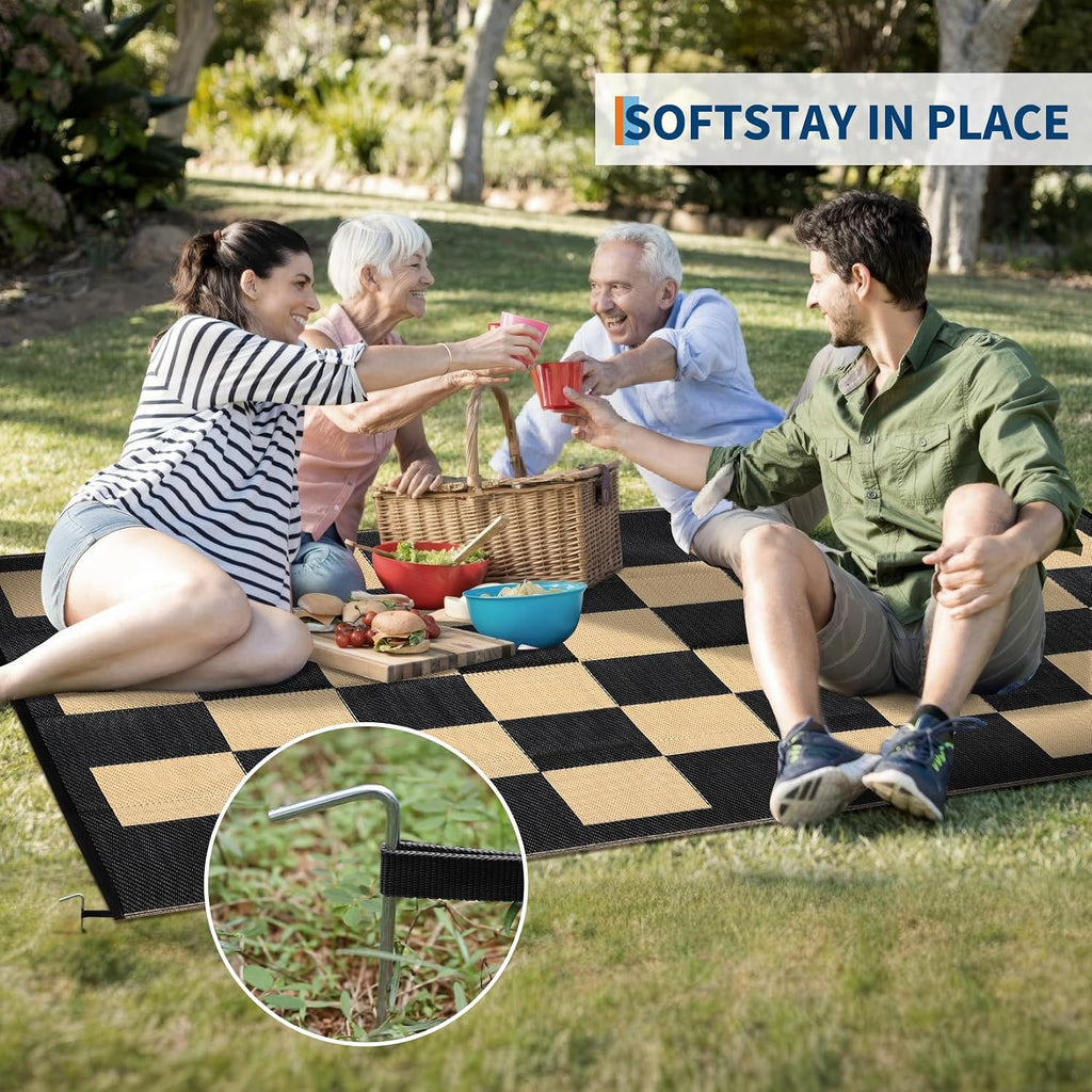 Outdoor Rug Waterproof Foldable Reversible Plastic Straw Camping Rug Portable Lightweight Modern Checkered