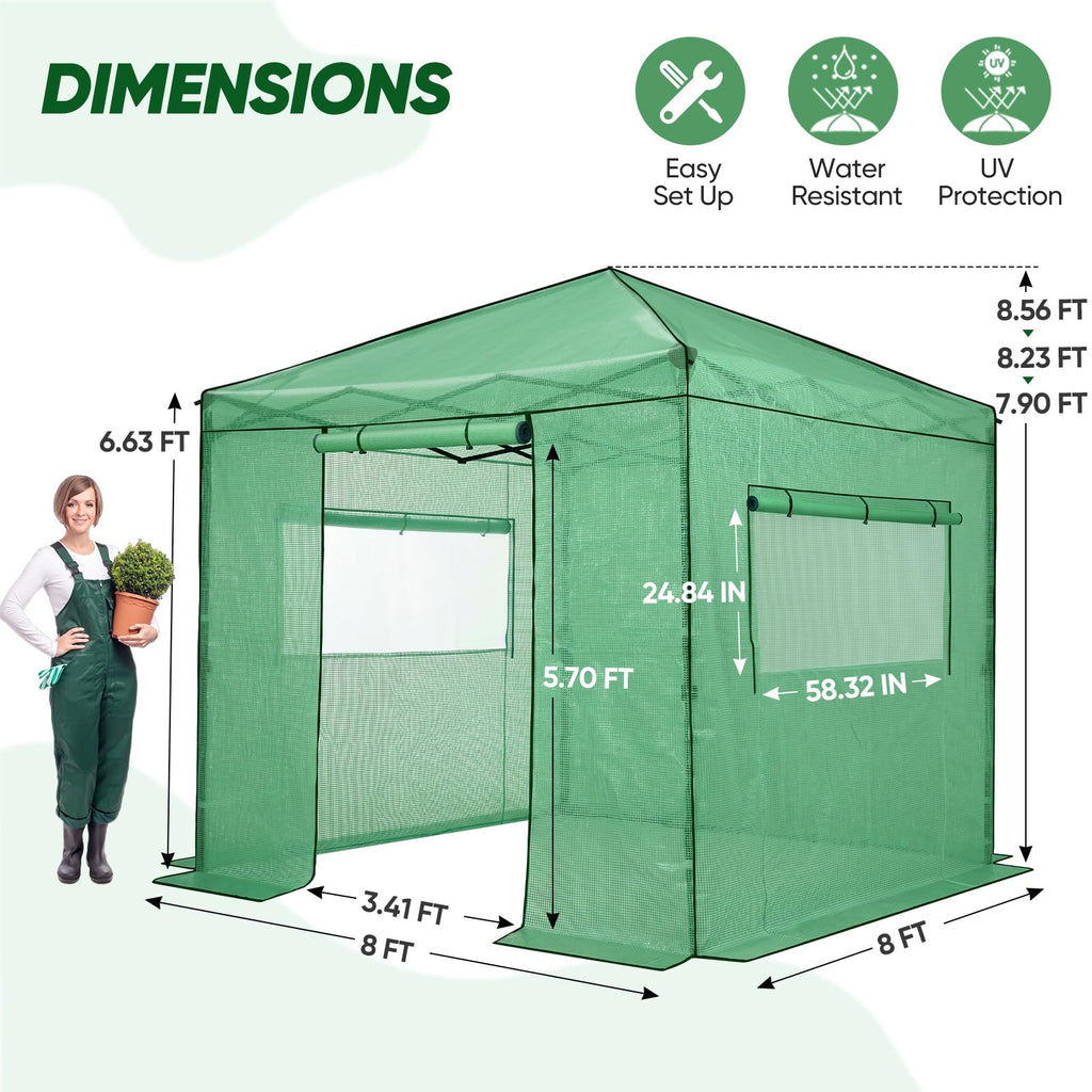 8x8 Easy Setup Pop Up Greenhouse, Clear/Green