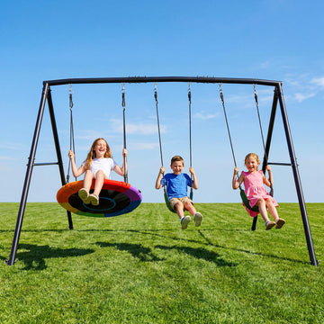 3 Seat Swing Set for Backyard with Saucer & Belt Swings