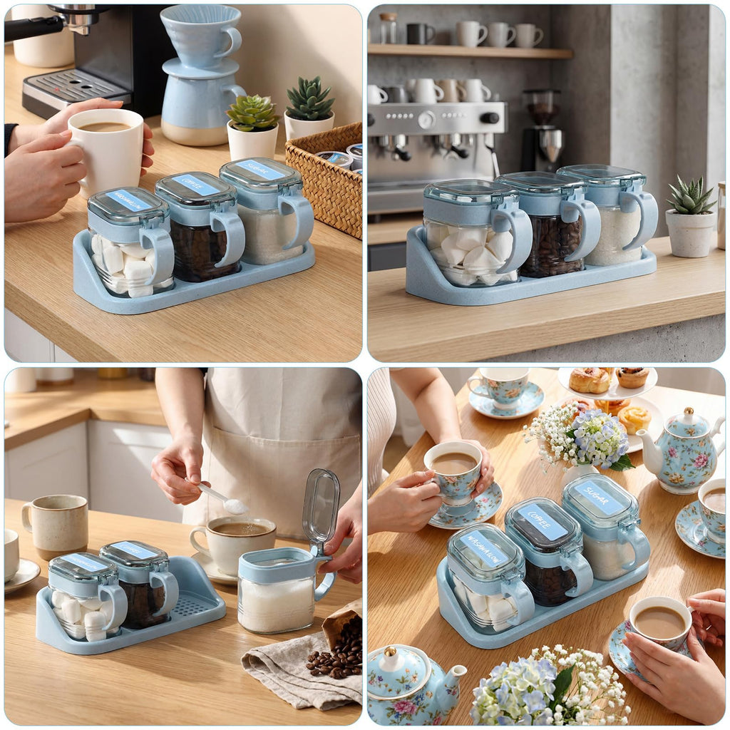 3 Pcs Sugar Coffee Container Set 16 oz Glass, Nordic Blue