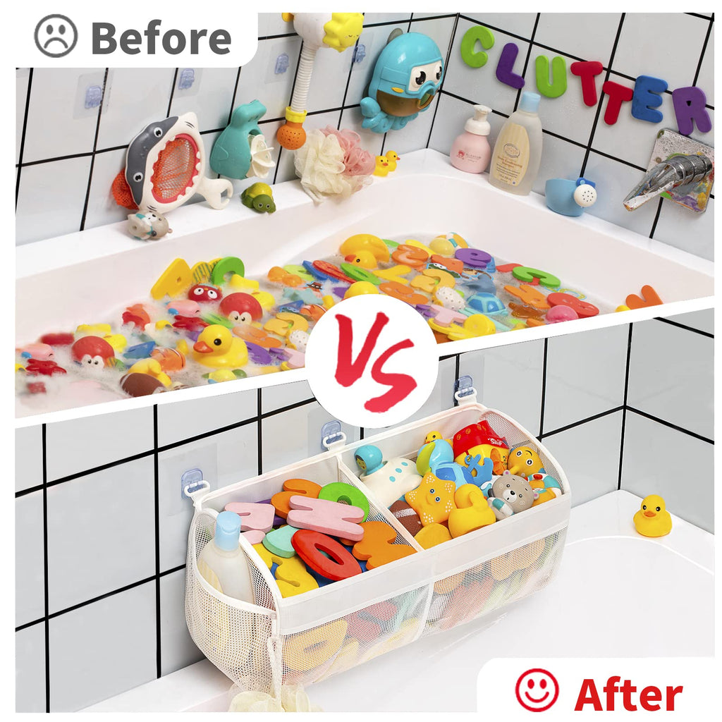 Original Two Compartment Easy-access Mesh Bath Toy Organizer for Bath Tub with Large Openings Quick Drying Cute