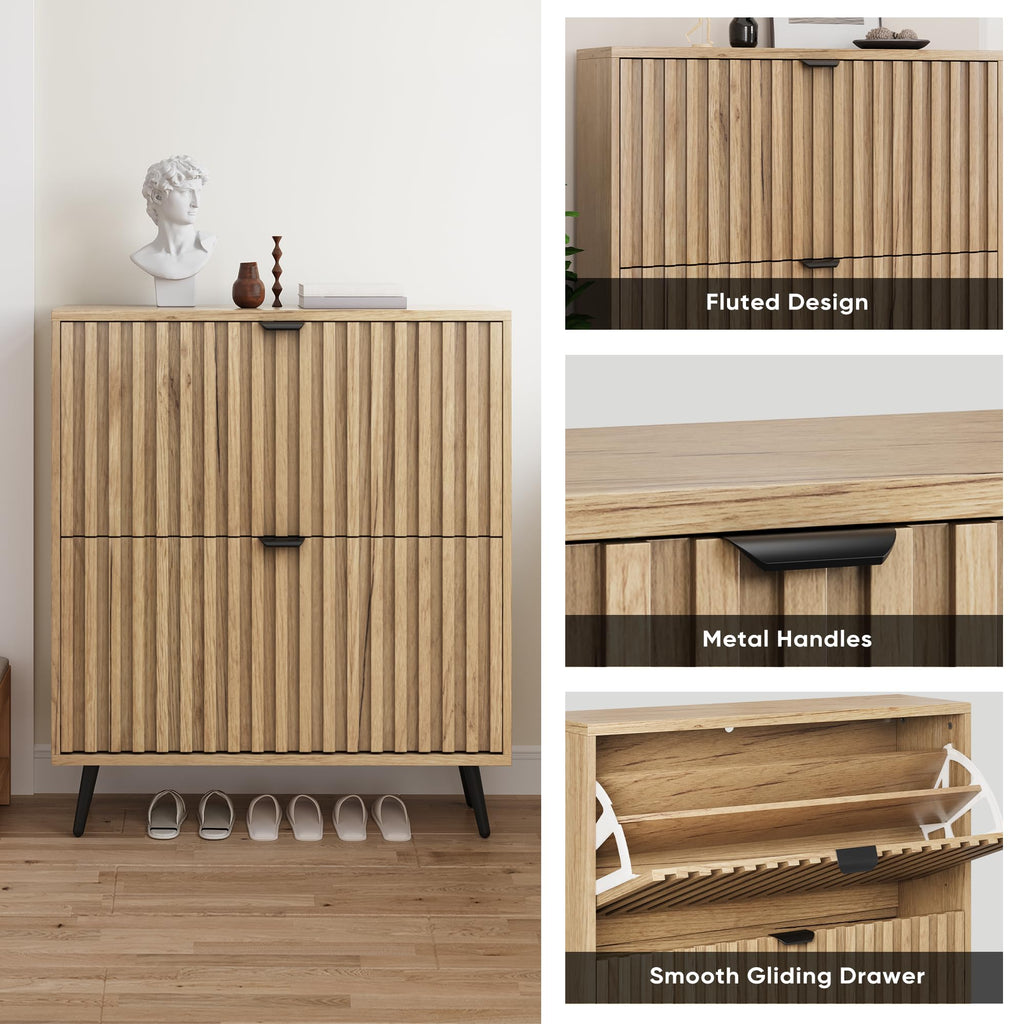 Shoe Cabinet with 2 Flip Drawers, 31.5" Natural Hidden Shoe Storage Cabinet with Fluted Design, Freestanding Shoe