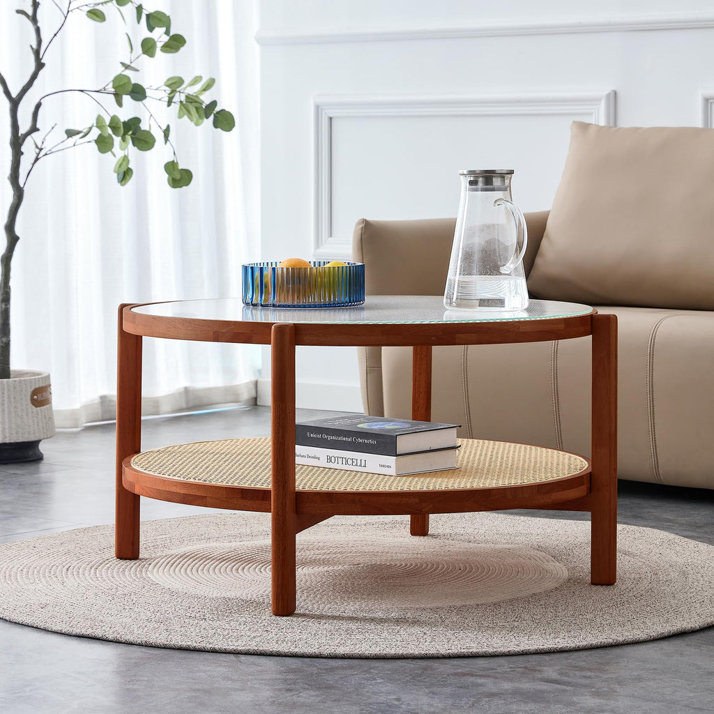 Modern Imitation Rattan Round Coffee Table Round 2-Tier Solid Wood Glass Table Top Sofa Side Tea Table Bedroom Office