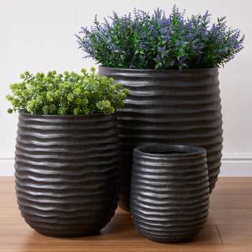15"+11"+7.9" Dia Concrete Planter Set of 3, Wavy Textured Black Flowerpot