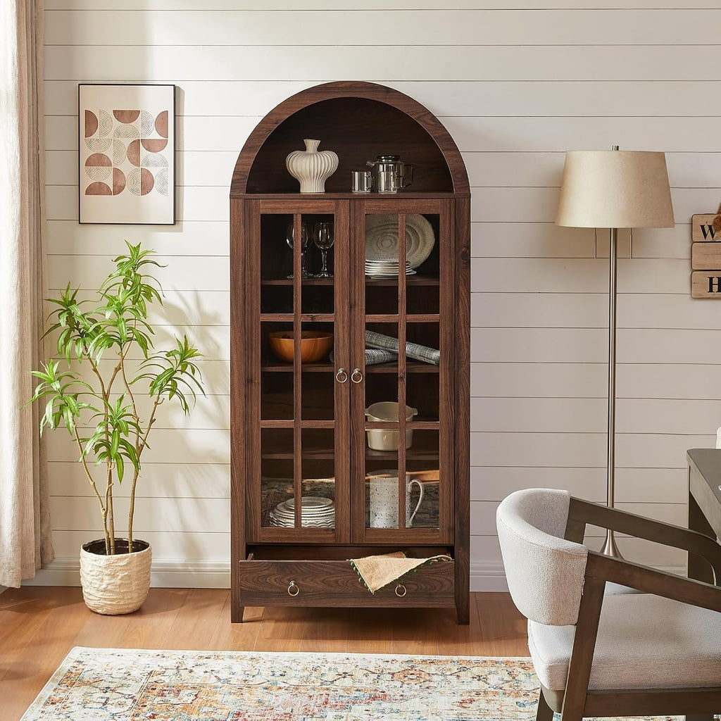 71" Tall Arched Cabinet Bookshelf with Glass Door & Storage Drawer | Modern Farmhouse Display Cabinet,Adjustable