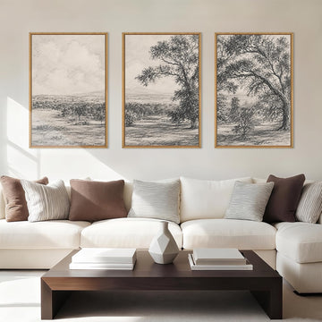 Large Neutral Tree Forest Sketch Framed Wall Art 16x24 Inch Vintage Grey Nature Landscape Canvas Artwork Rustic