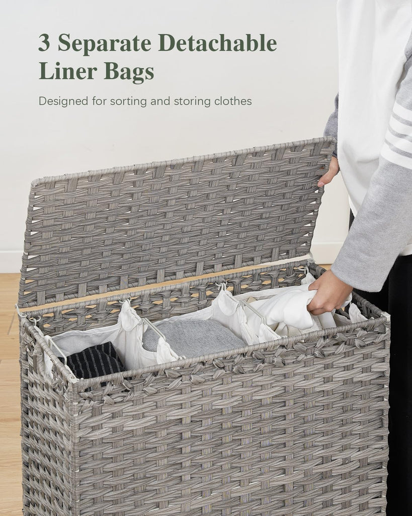 Laundry Hamper with Lid, 35 Gal 3-Bag Clothes Sorter, Gray