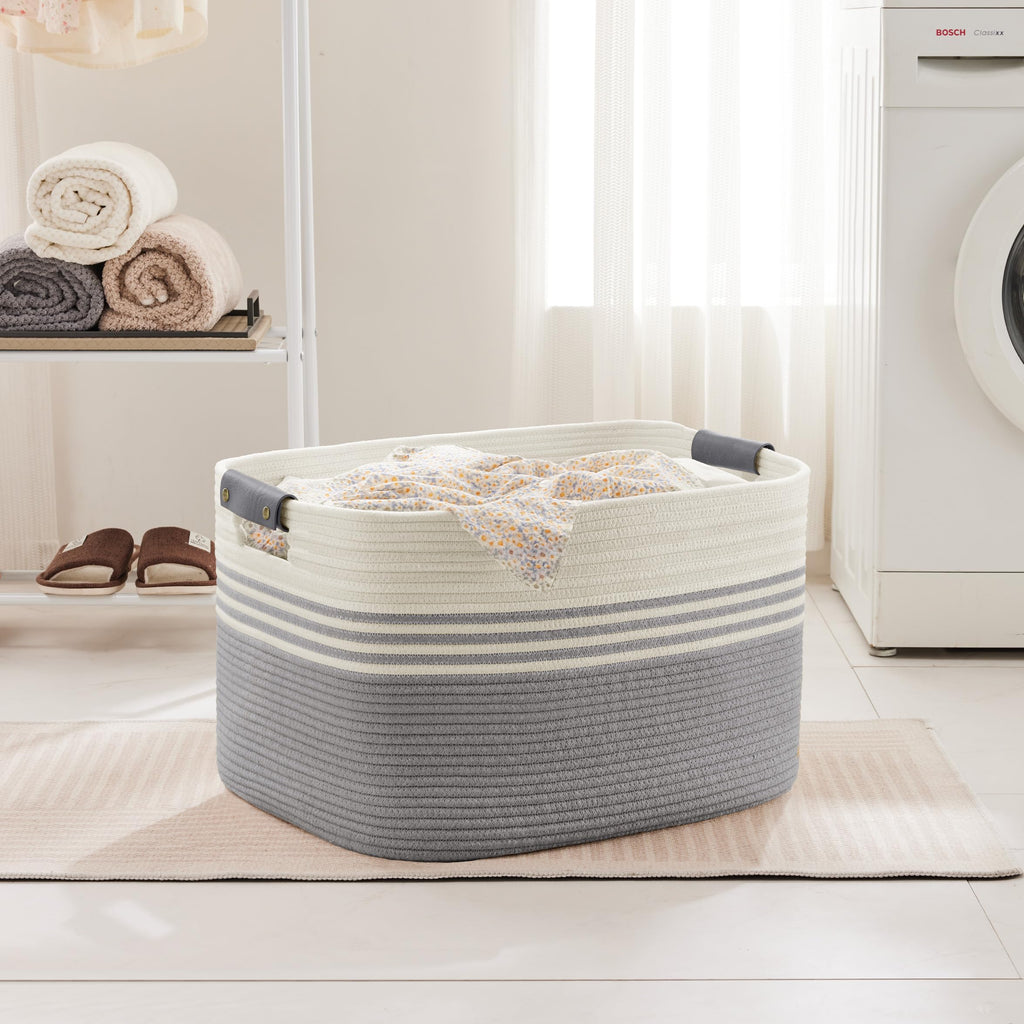 86L Large Woven Laundry Basket Hamper with Leather Handles,Grey