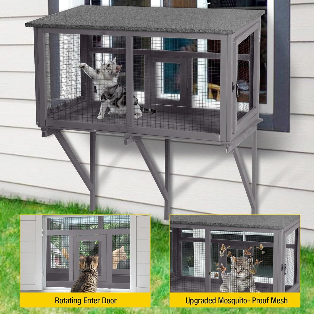Catio Outdoor Cat Enclosure, Cat Window Box for 1-2 Cats with Weatherproof Asphalt Roof & Lockable Door, Expendable
