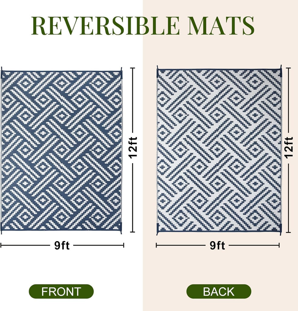 Outdoor Rug 9x12, Plastic Straw Rug, Navy & White