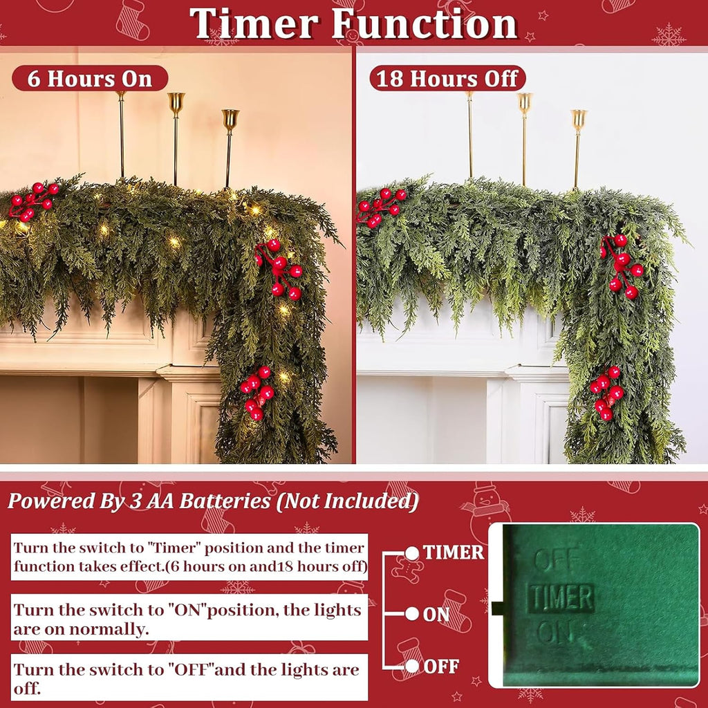 Timer & 50 LED - 9 Ft by 12 Inch Prelit Christmas Garland with Lights