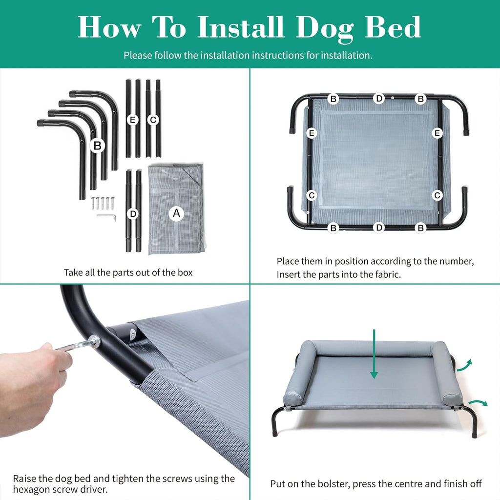 Cooling Elevated Dog Bed with Pillows, Portable Washable Raised Dog Cot with Chew Proof Mesh and Metal Frame, No-Slip