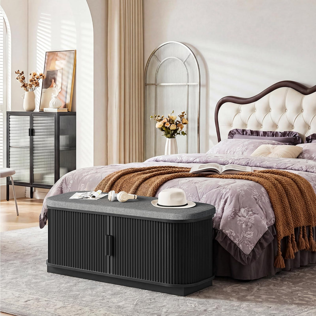 39.4" Fluted Shoe Storage Bench with Cushion and Sliding Door