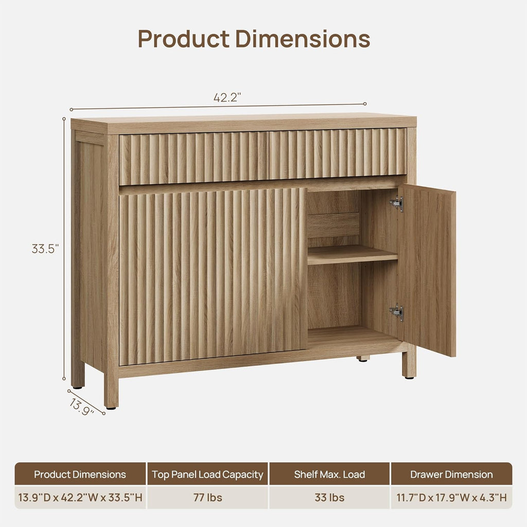 42" Fluted Buffet Cabinet with Storage - Mid Century Modern Sideboard with 2 Drawers & 3 Doors