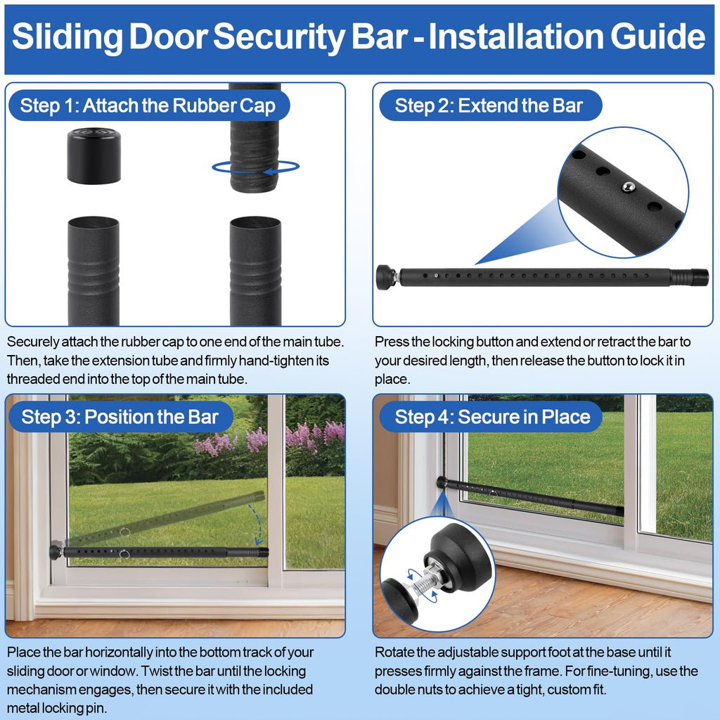 Sliding Door Security Bar, 17-50 inches Window Security Bar with Rubber Tips, Sliding Door Lock Bars for Window