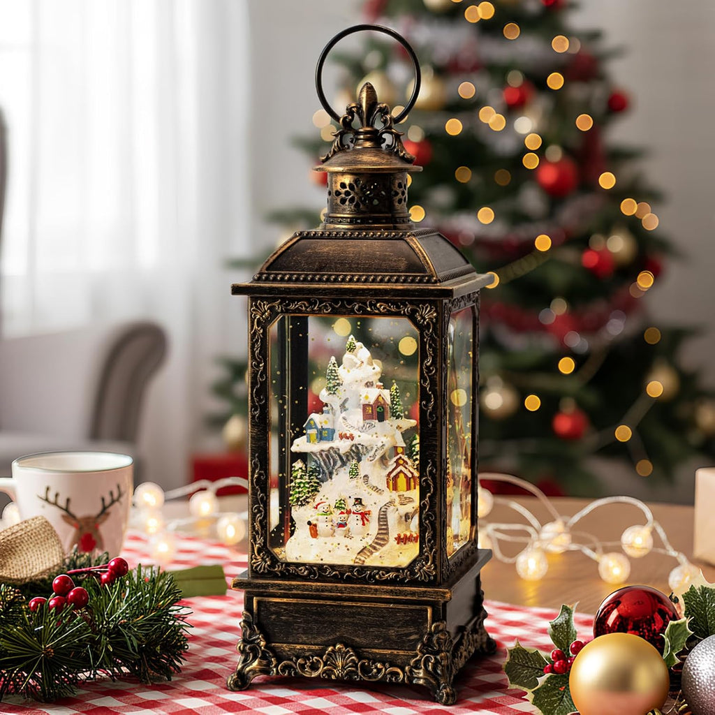 Christmas Village Snow Globe Lighted Snowy Mountain Village Scene, Musical Snow Water Lantern Swirling Glittering