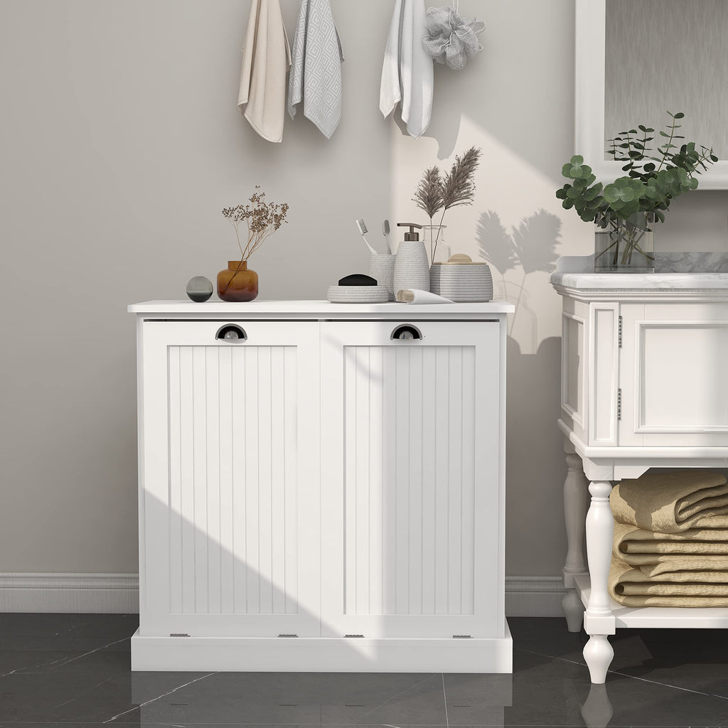 Tilt Out Laundry Hamper Cabinet with Removable Basket, Double Hidden Laundry Hamper, Wood Bathroom Storage, Free
