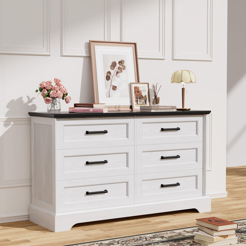 Farmhouse 6 Drawers Dressers, White and Black