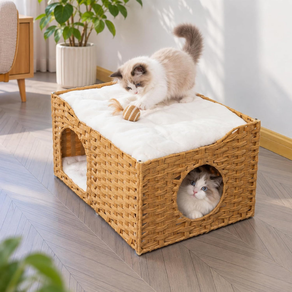 Wide Handwoven PE Rattan Cat House, Large Indoor Cave with Cushion