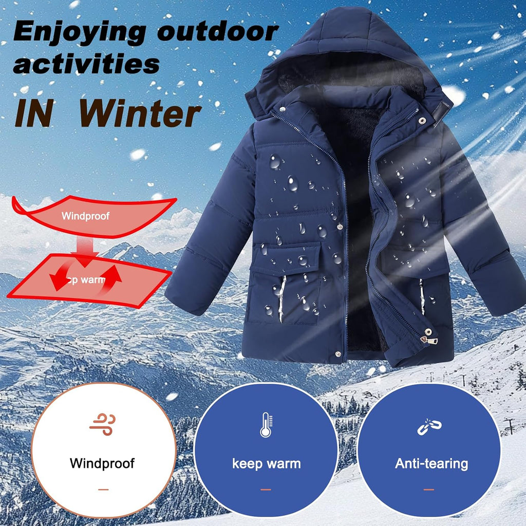 Boys Winter Coat Kids Warm Jacket Wind Water-Resistant Puffy Coats Outwear Toddler Hood Fleece Inner